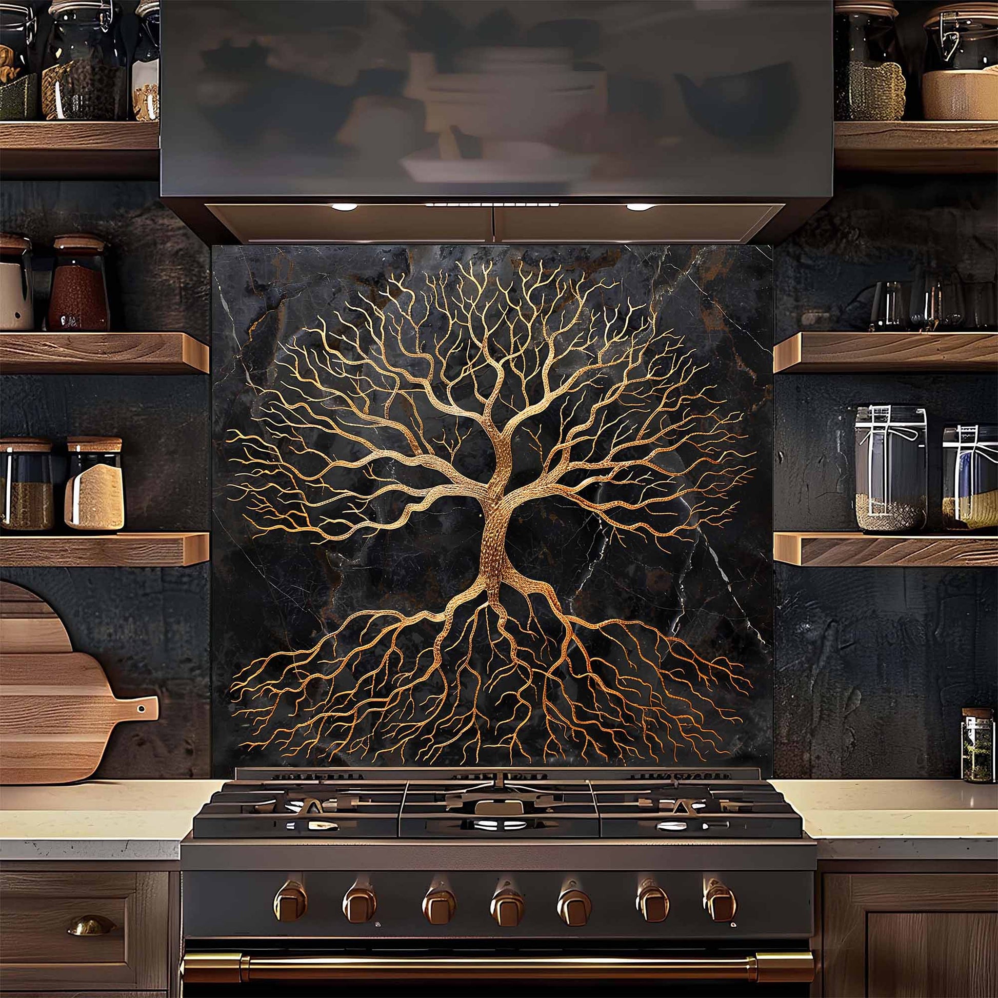 Kitchen stove with decorative tree design on the backsplash