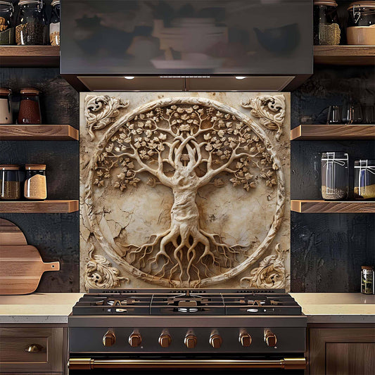 Decorative backsplash with tree design above a stove in a kitchen setting.