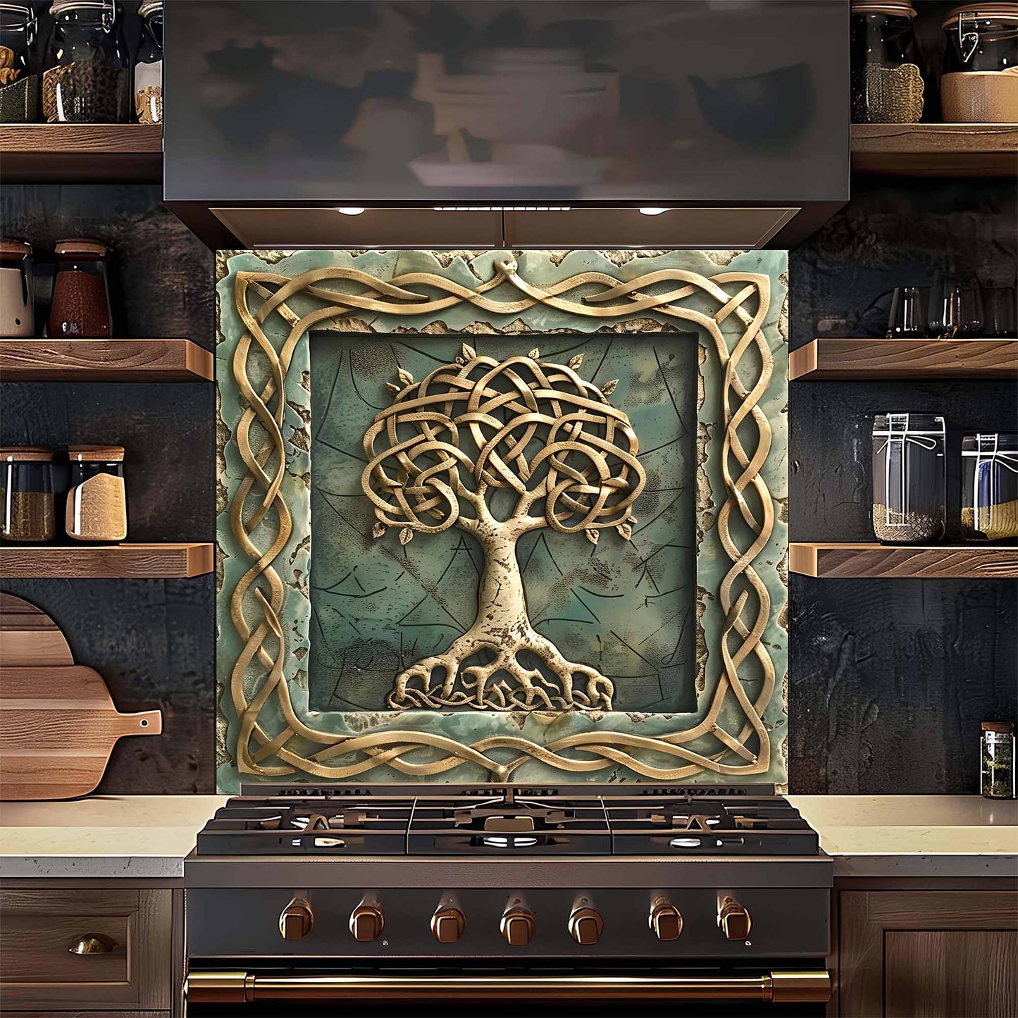 Decorative backsplash with a tree design above a stove in a kitchen setting.