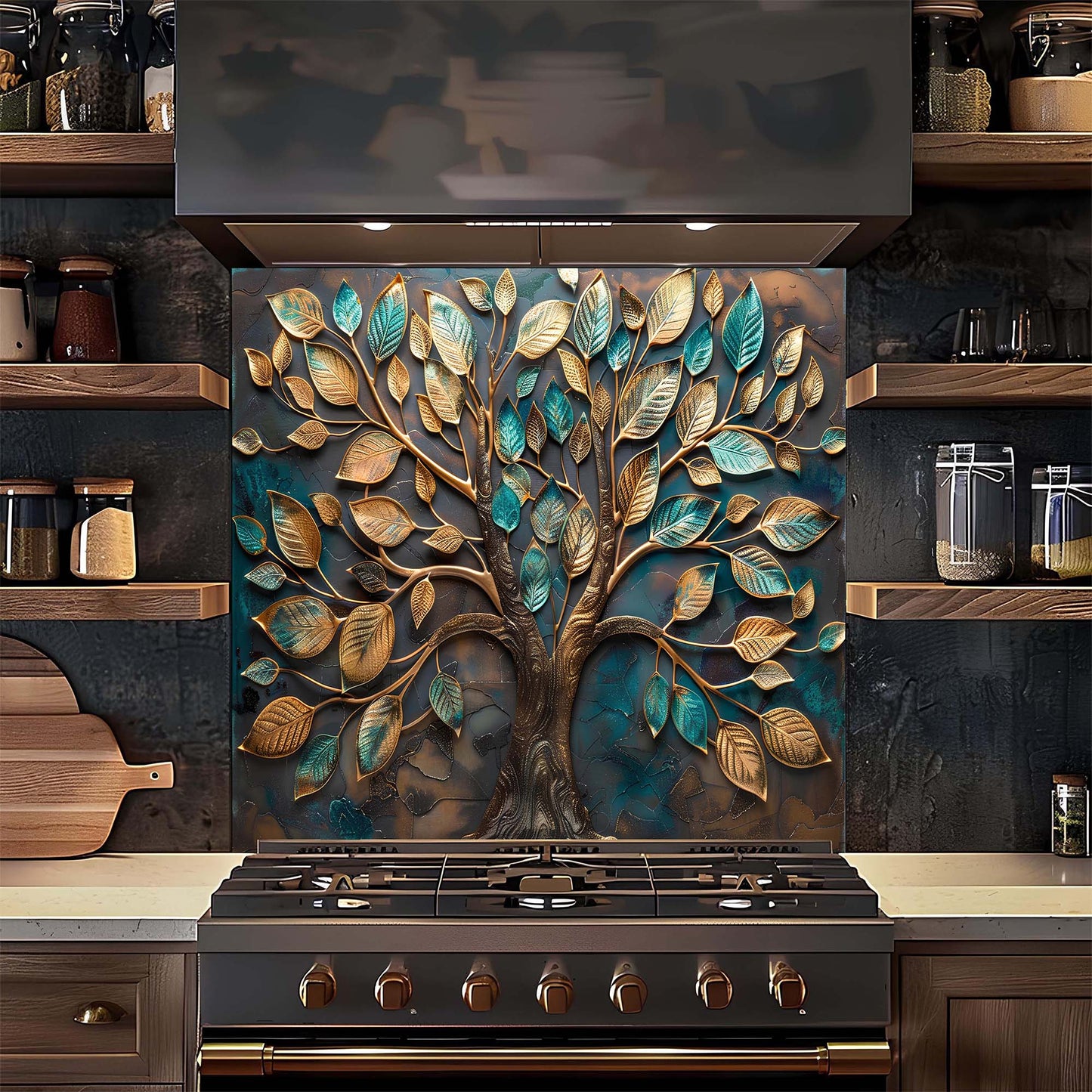 Decorative wall panel with tree design above a stove in a kitchen setting.