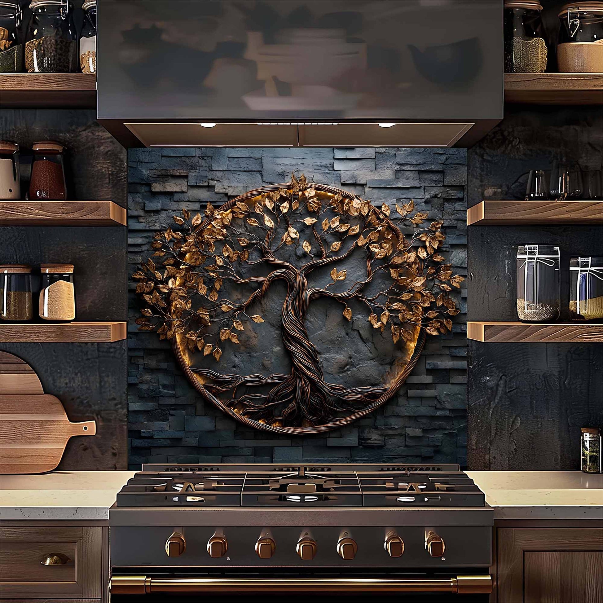 Kitchen backsplash of a tree with roots above a stove in a kitchen setting.