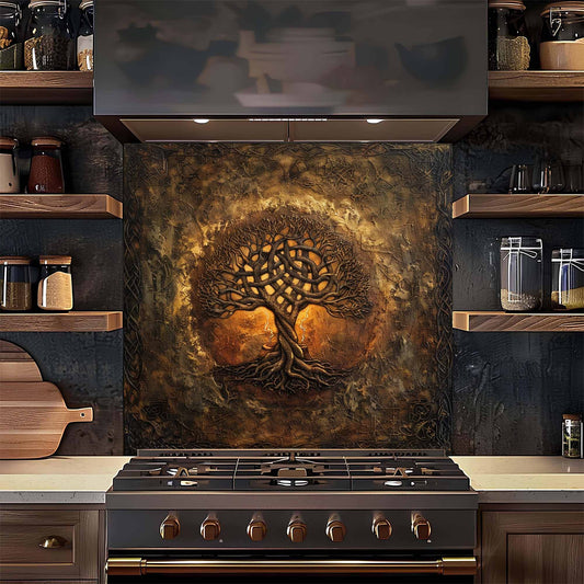 Kitchen with a decorative backsplash featuring a tree design above a stove.