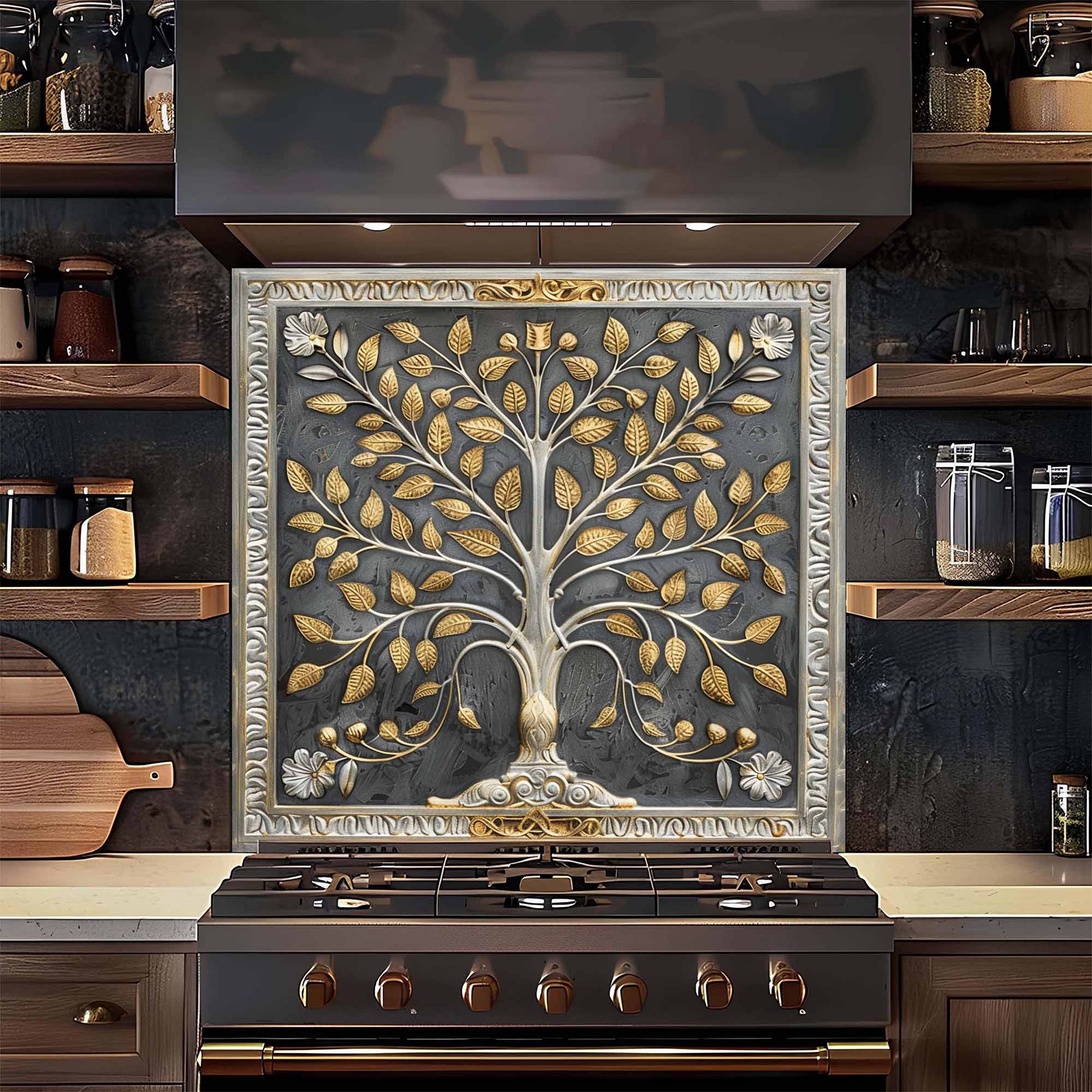 Decorative glass backsplash with a tree design above a stove in a kitchen setting.