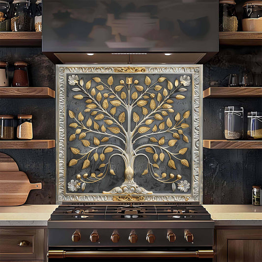 Decorative glass backsplash with a tree design above a stove in a kitchen setting.