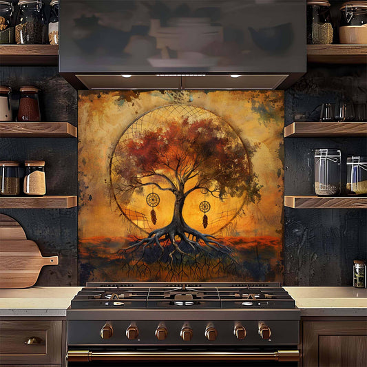 Tempered glass backsplash with a tree design above a stove in a kitchen setting.