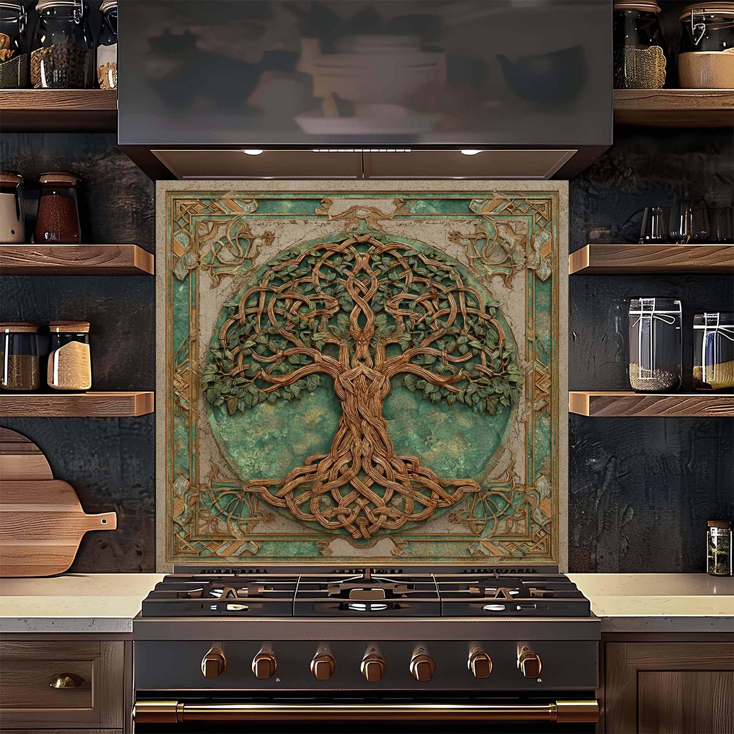 Decorative backsplash with a tree design above a stove in a kitchen setting.