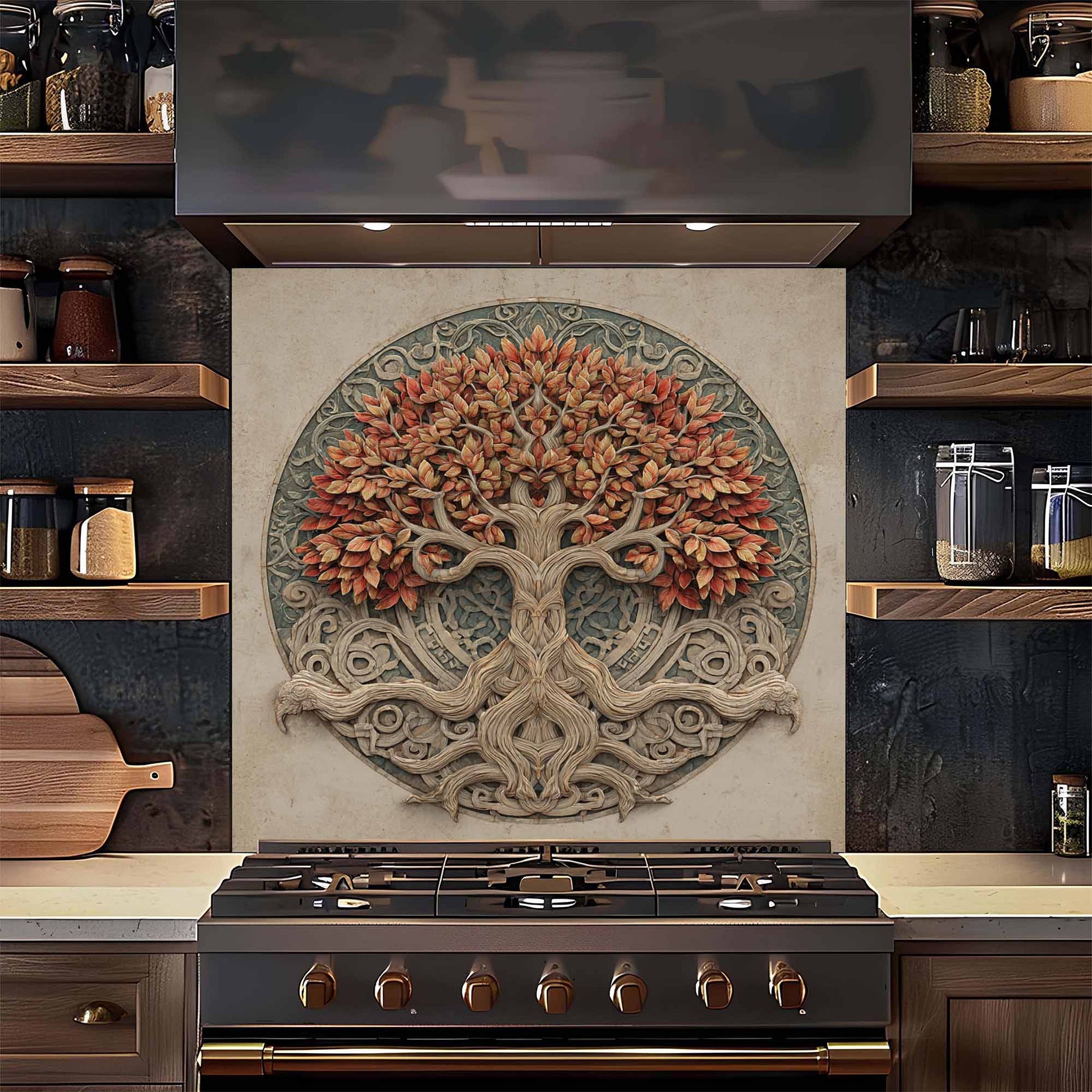 Decorative backsplash of a tree with autumn leaves above a stove in a kitchen.