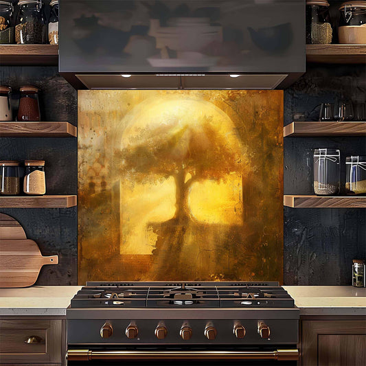 Kitchen with a decorative backsplash featuring a tree design above a stove.