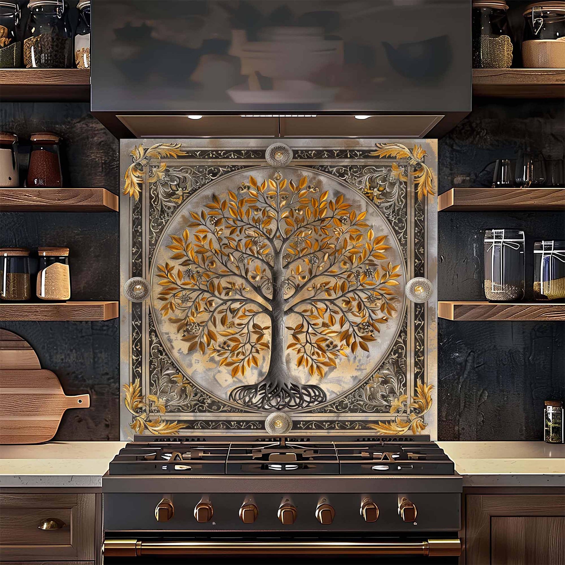 Decorative stove with tree kitchen backsplash in a kitchen setting