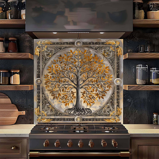 Decorative stove with tree kitchen backsplash in a kitchen setting