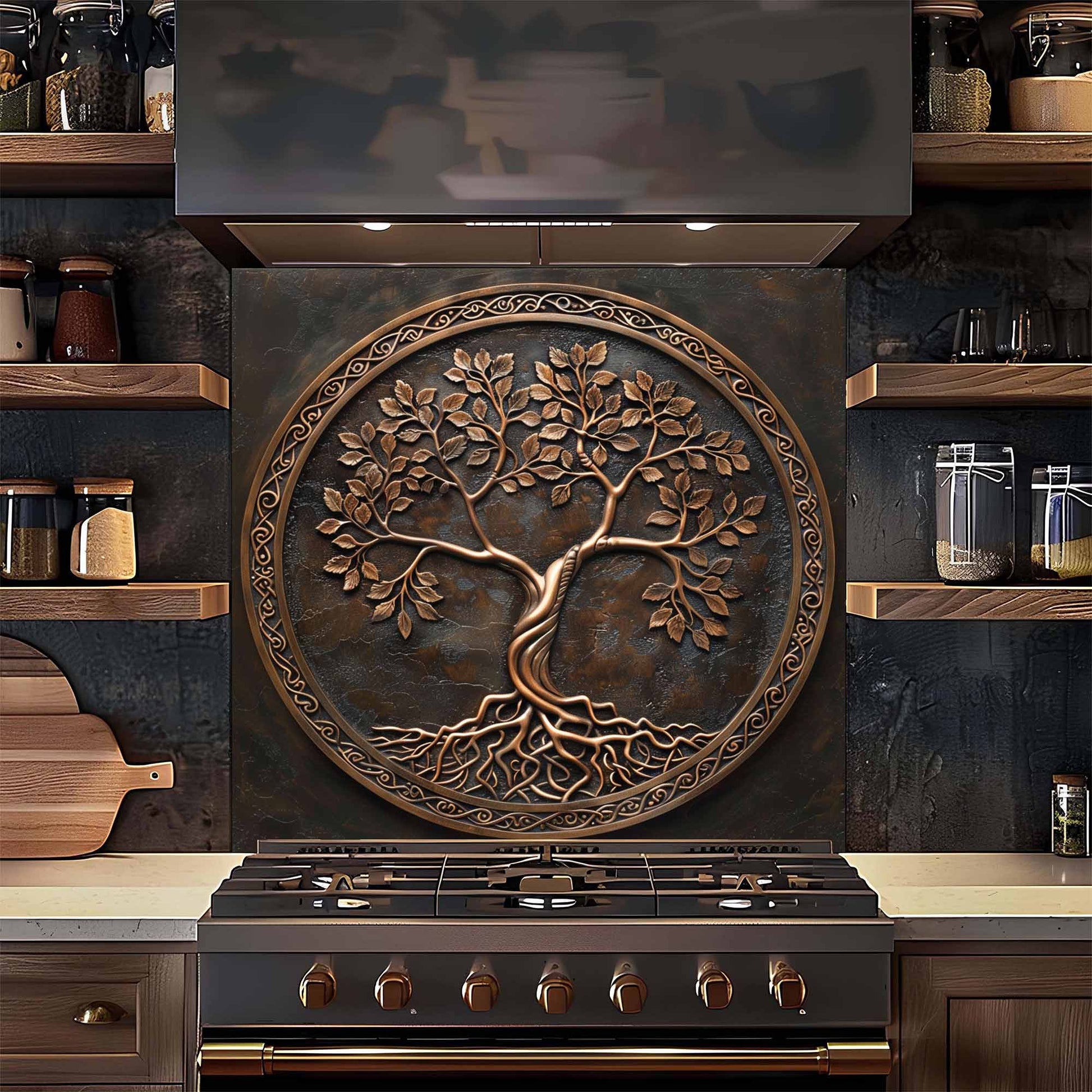 Decorative glass backsplash with a tree design above a stove in a kitchen setting.