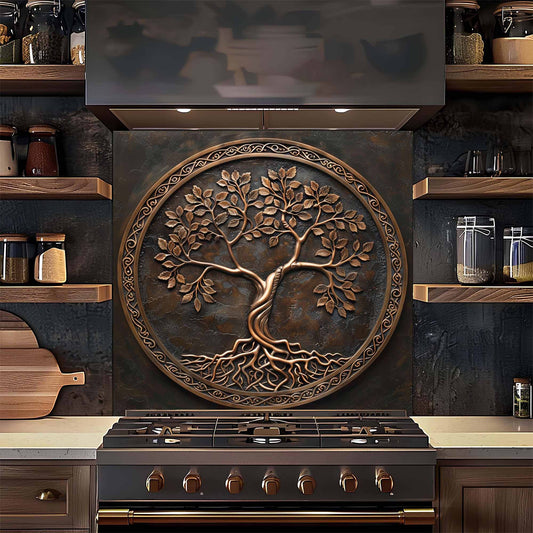 Decorative glass backsplash with a tree design above a stove in a kitchen setting.