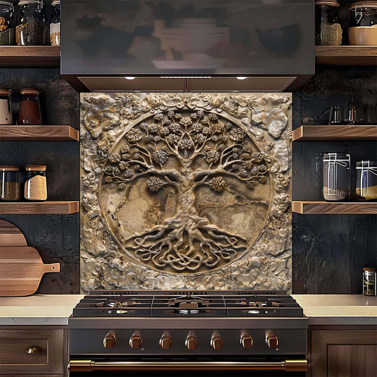 Decorative backsplash with tree design above a stove in a kitchen setting.