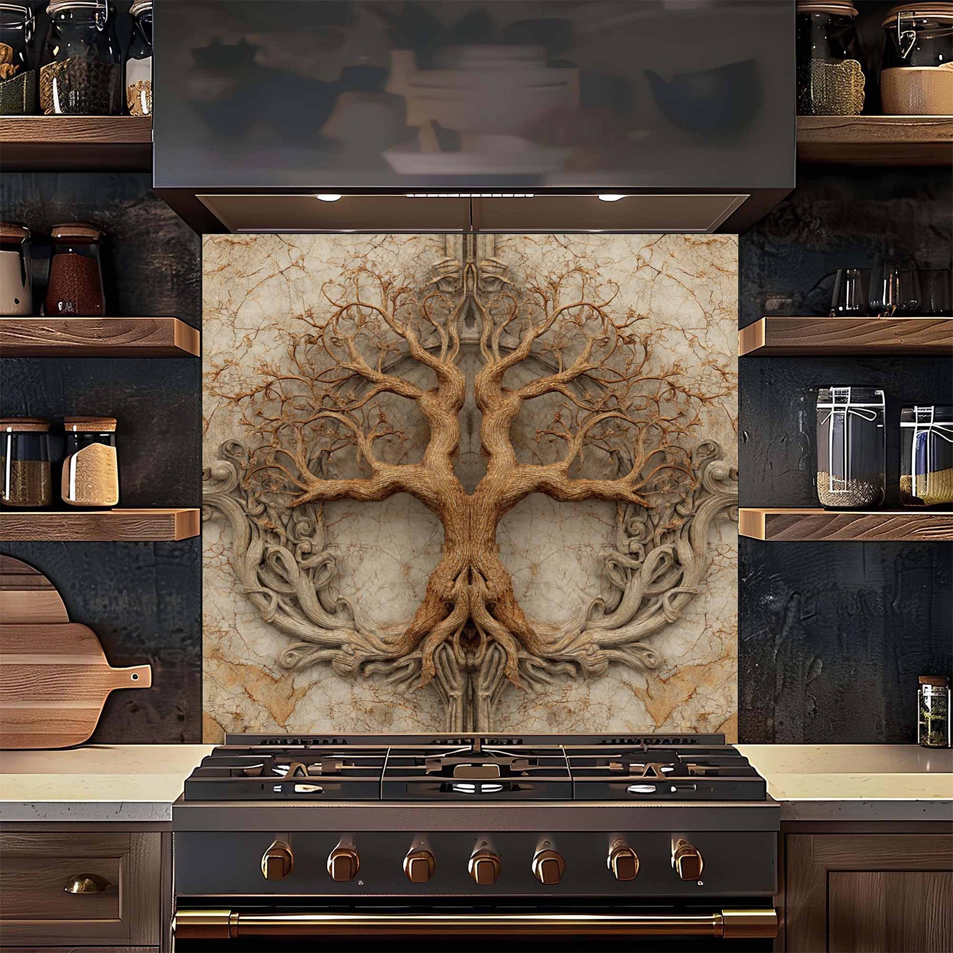 Decorative backsplash with tree design above a stove in a kitchen.