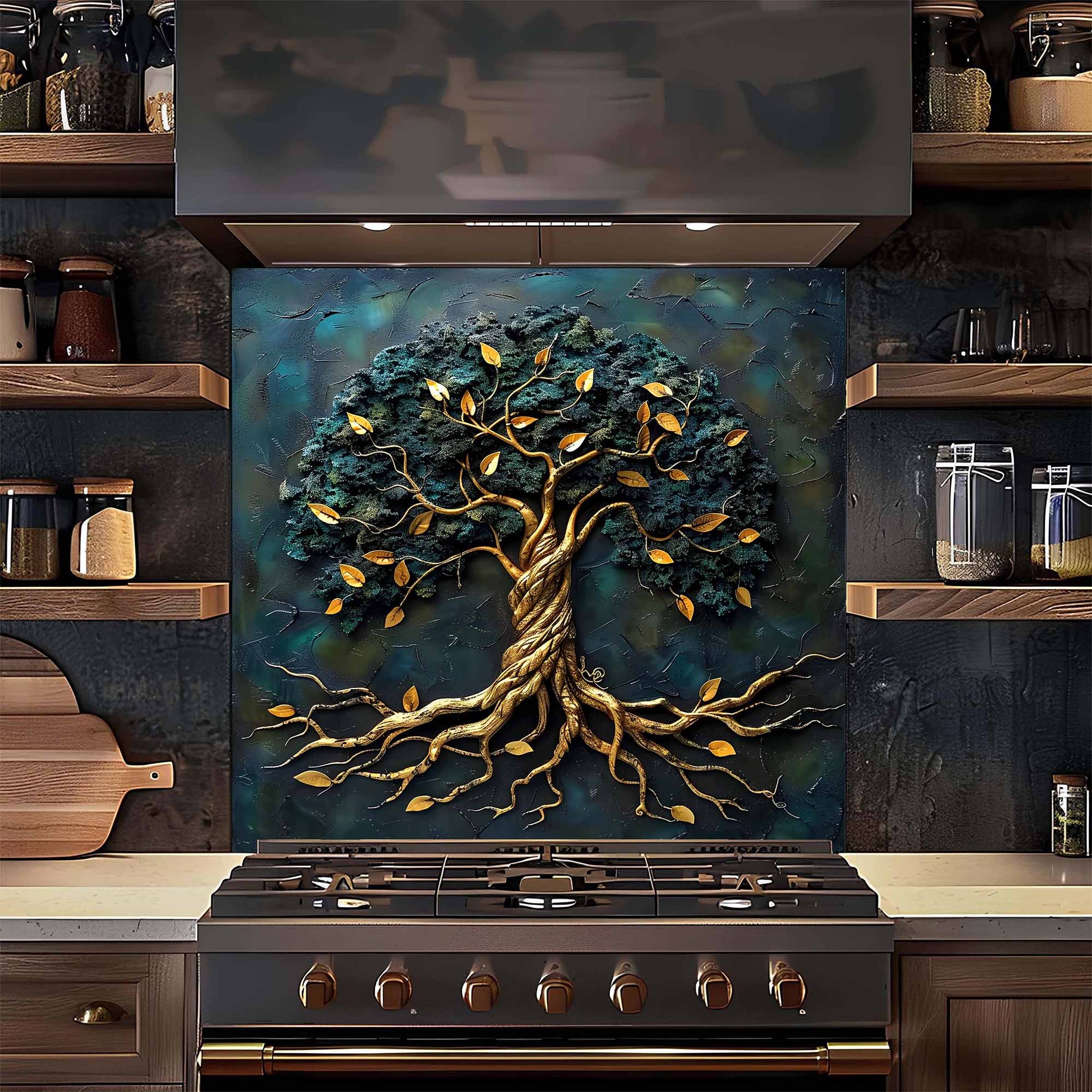 Decorative glass backsplash of a tree with roots on a kitchen wall above a stove.