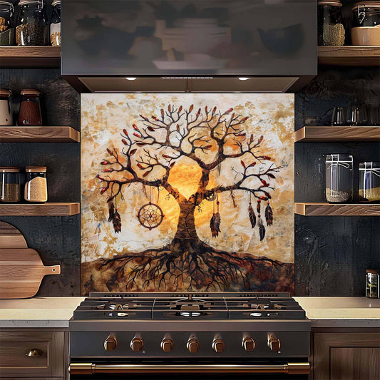 Decorative backsplash with a tree design above a stove in a kitchen.