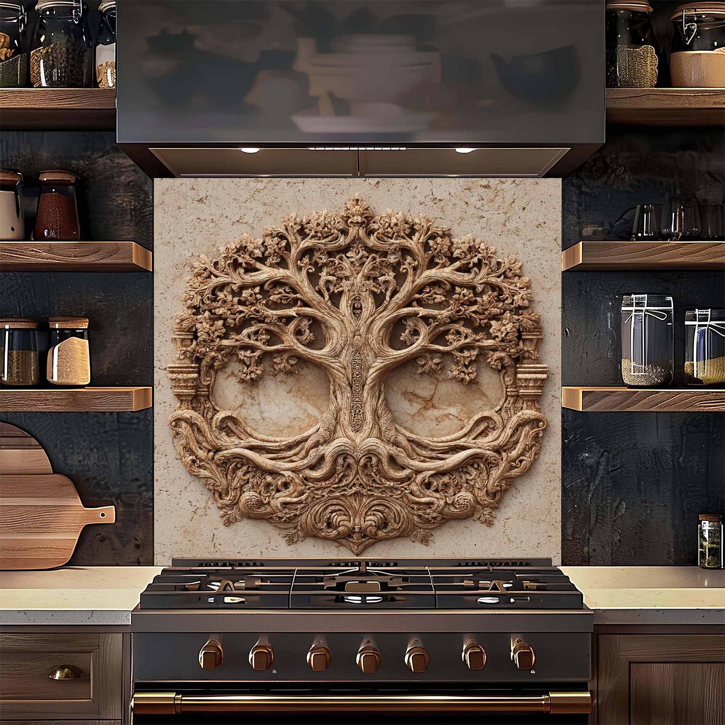 Decorative backsplash with tree design above a stove in a kitchen setting.