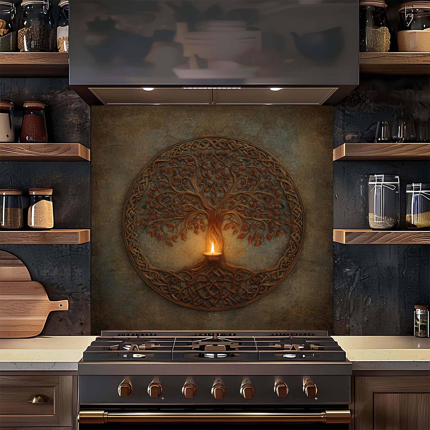 Decorative glass backsplash with a tree design above a stove in a kitchen.
