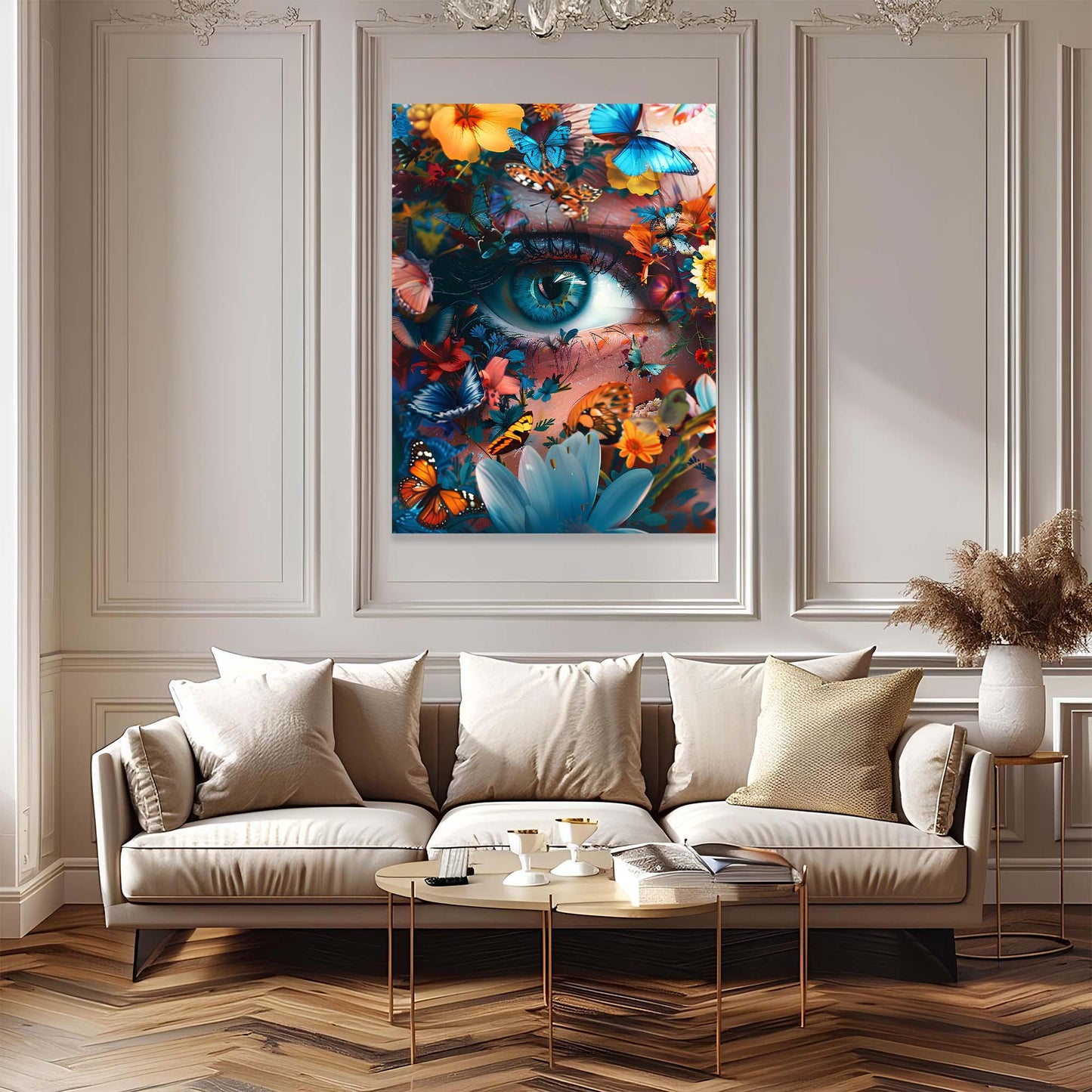 Modern living room with a colorful abstract painting of an eye on the wall above a beige sofa.