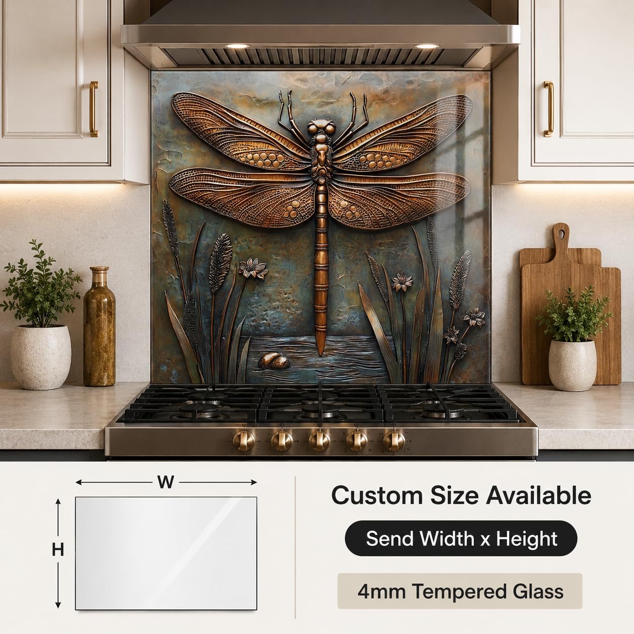 Dragonfly Metal Art Tempered Glass Kitchen Backsplash for Stove - Kitchen Wall Tile Alternative