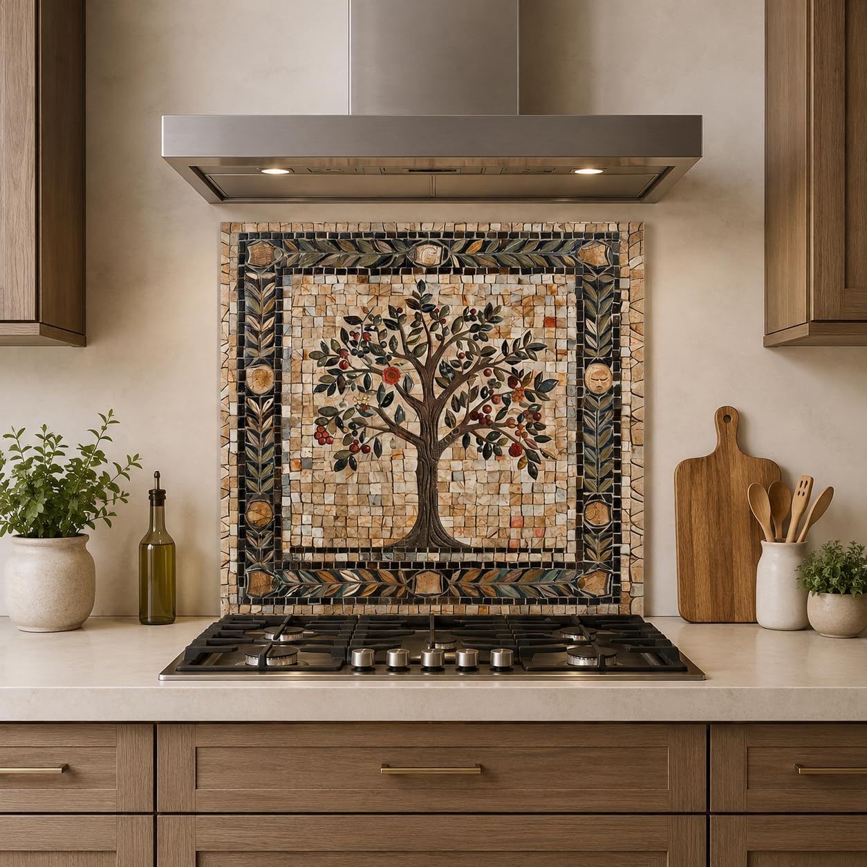 Tree of Life Mosaic Tempered Glass Kitchen Backsplash for Stove - Kitchen Wall Tile Alternative