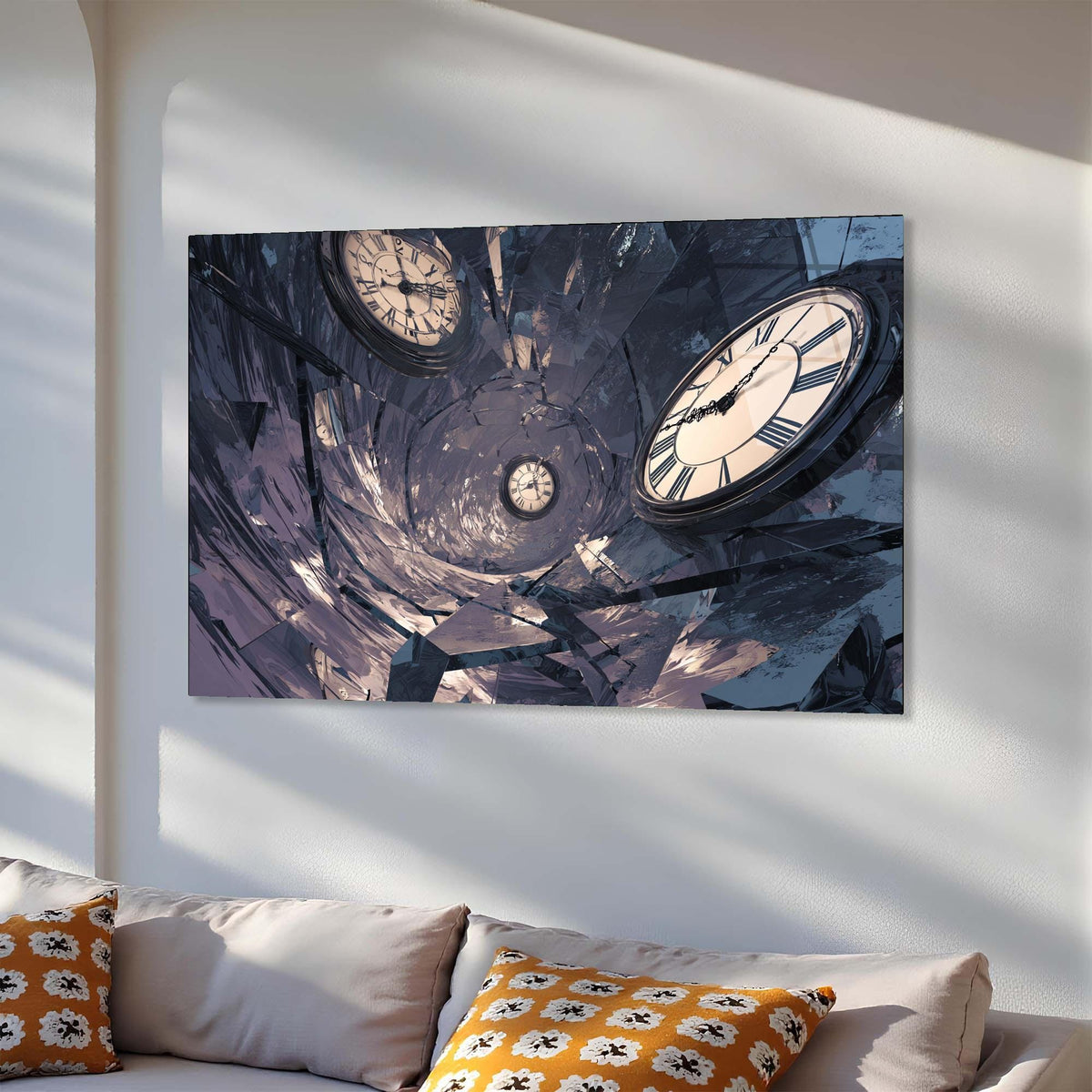 Abstract wall art with clock design on a white wall above a sofa.