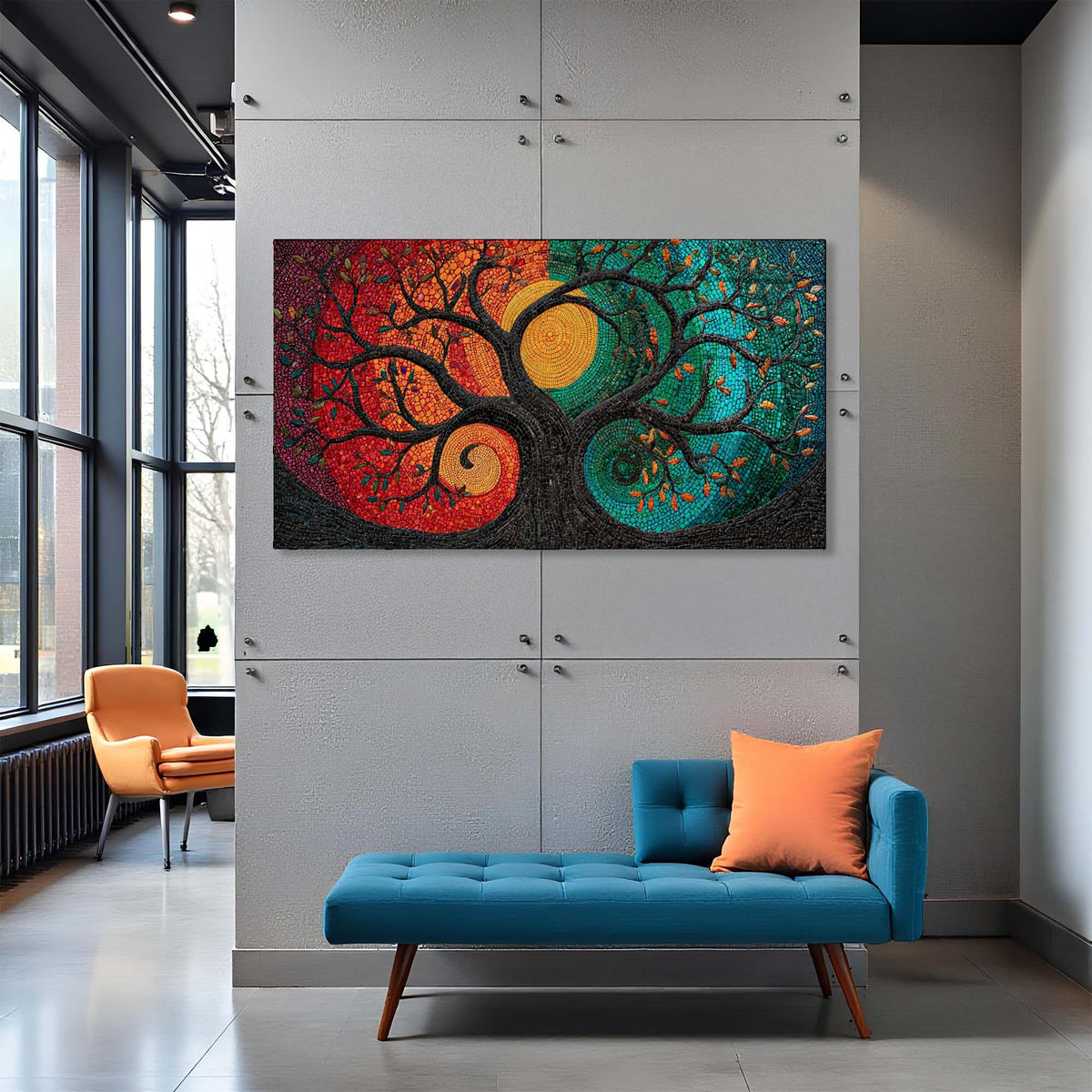 Modern interior with a colorful abstract painting on a wall above a blue bench and orange chair.