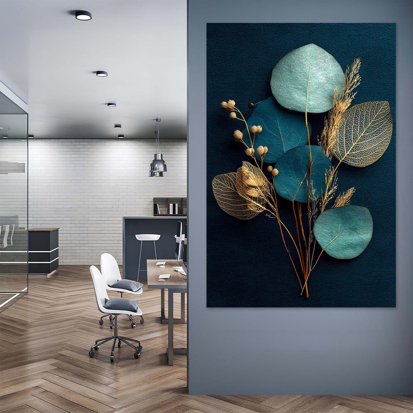 Modern office interior with a decorative wall art piece featuring leaves and plants.