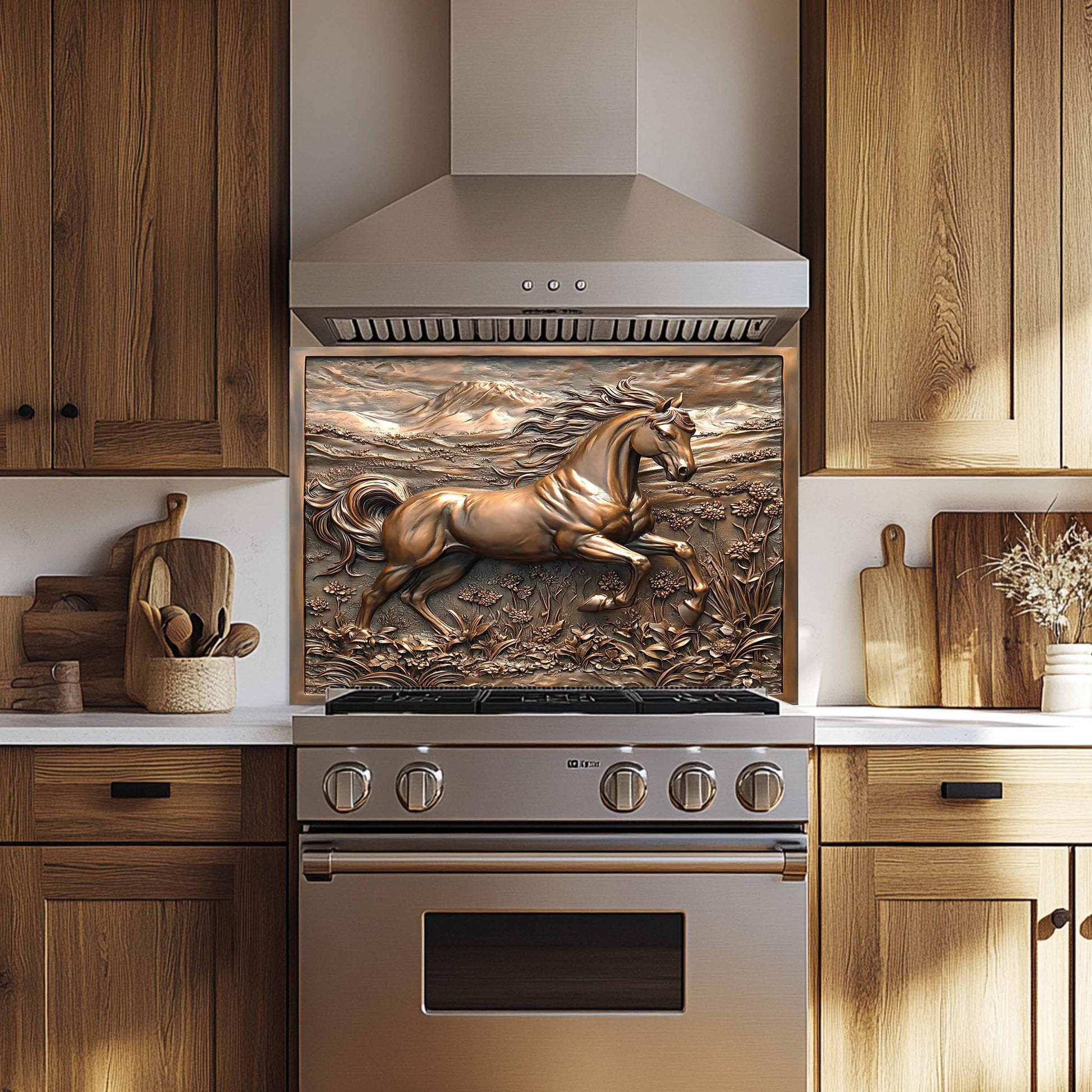 Stainless steel oven with decorative horse tempered glass backsplash in a kitchen setting