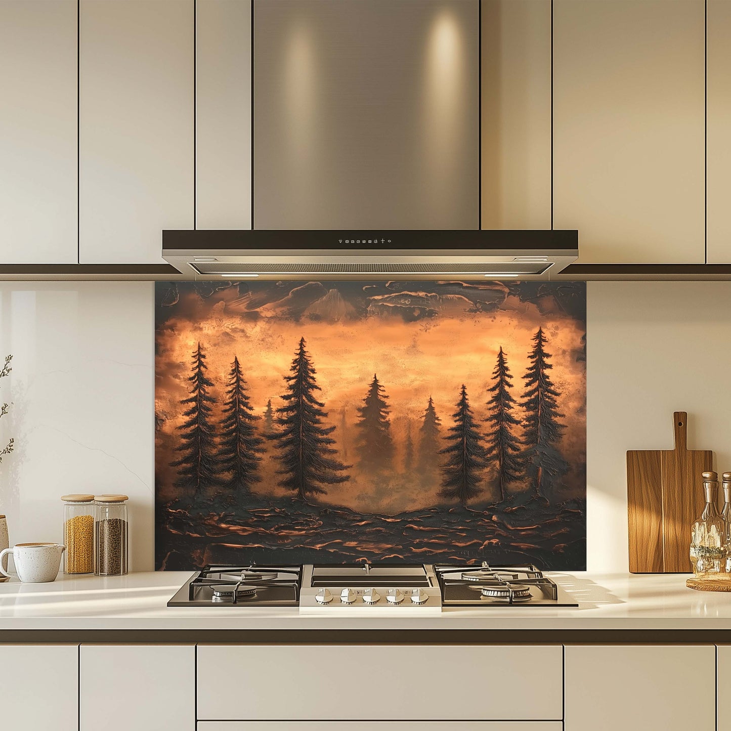 Kitchen with a decorative glass backsplash featuring a forest design.