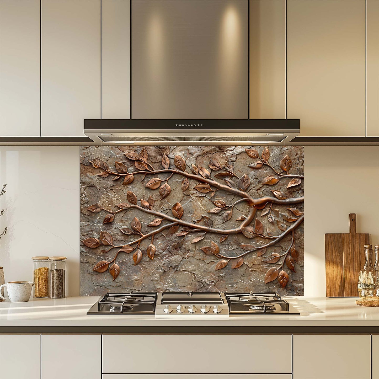 Kitchen with decorative leaf-glass patterned backsplash above stove
