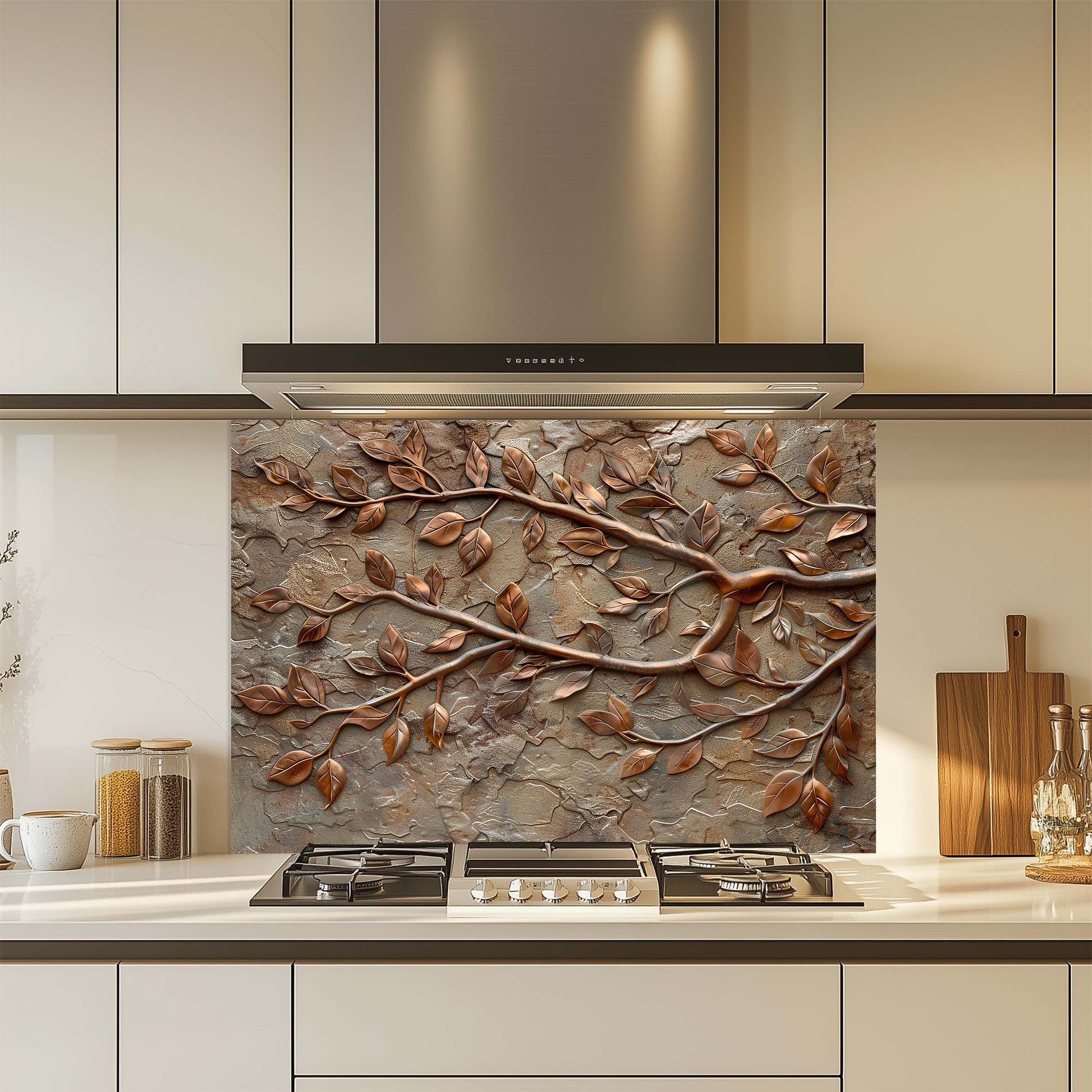 Kitchen with decorative leaf-glass patterned backsplash above stove