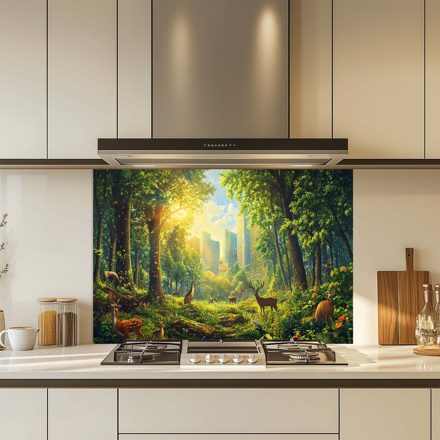 Kitchen with a forest scene glass backsplash above a stove