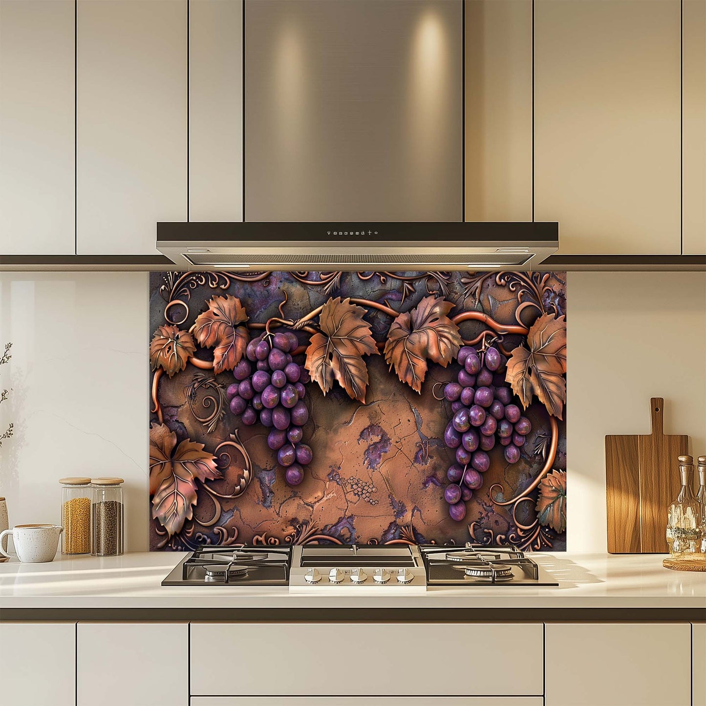 Decorative glass backsplash with grapes and leaves in a kitchen setting