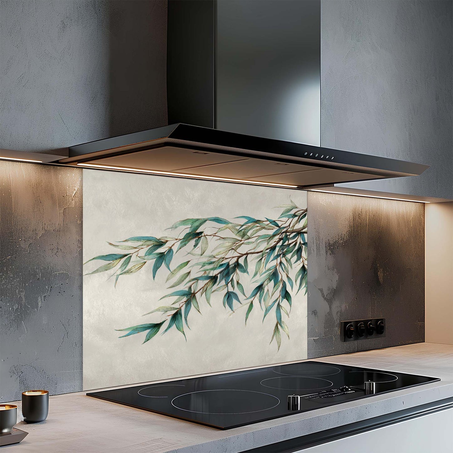 Modern kitchen with a decorative glass splashback featuring green leaves.
