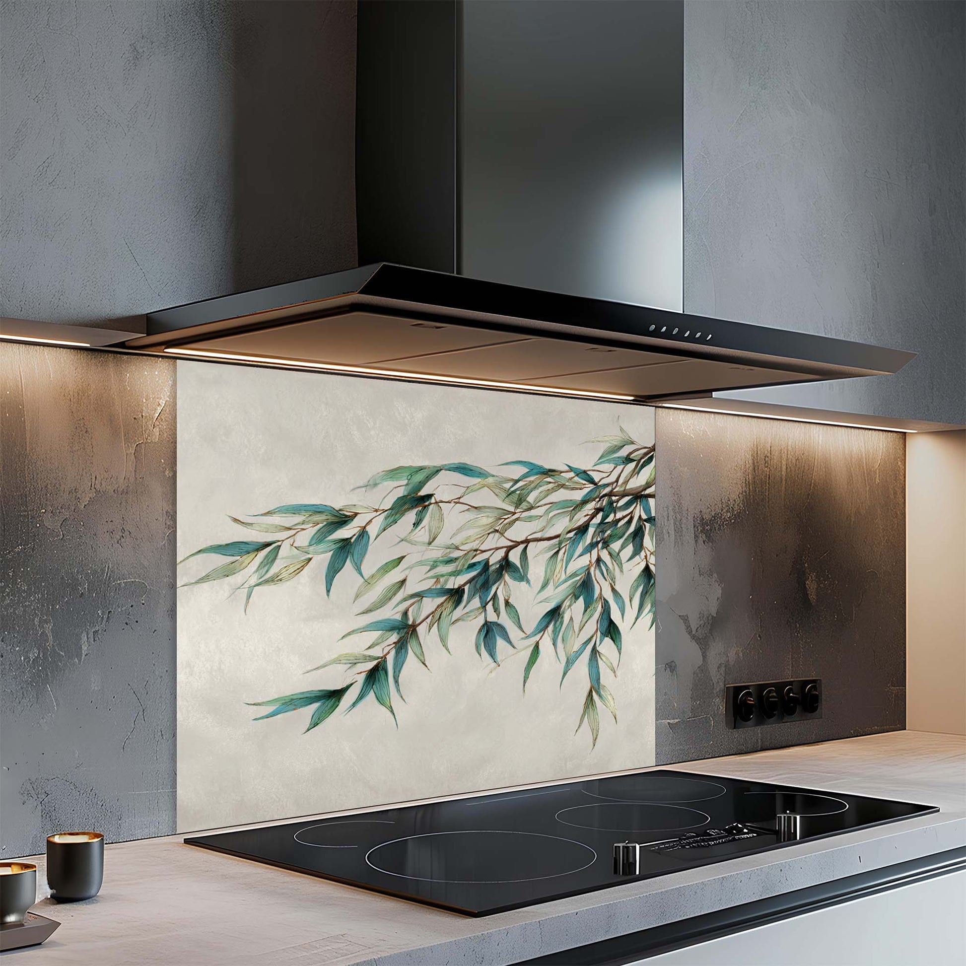 Modern kitchen with a decorative glass splashback featuring green leaves.