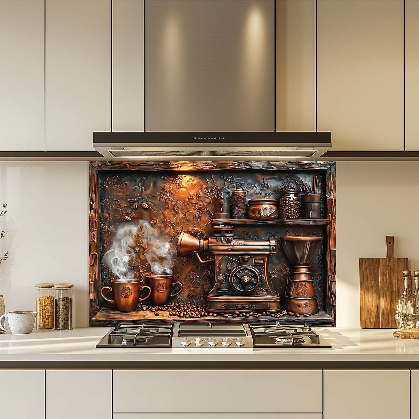 Decorative glass splashback with coffee-themed design in a kitchen.