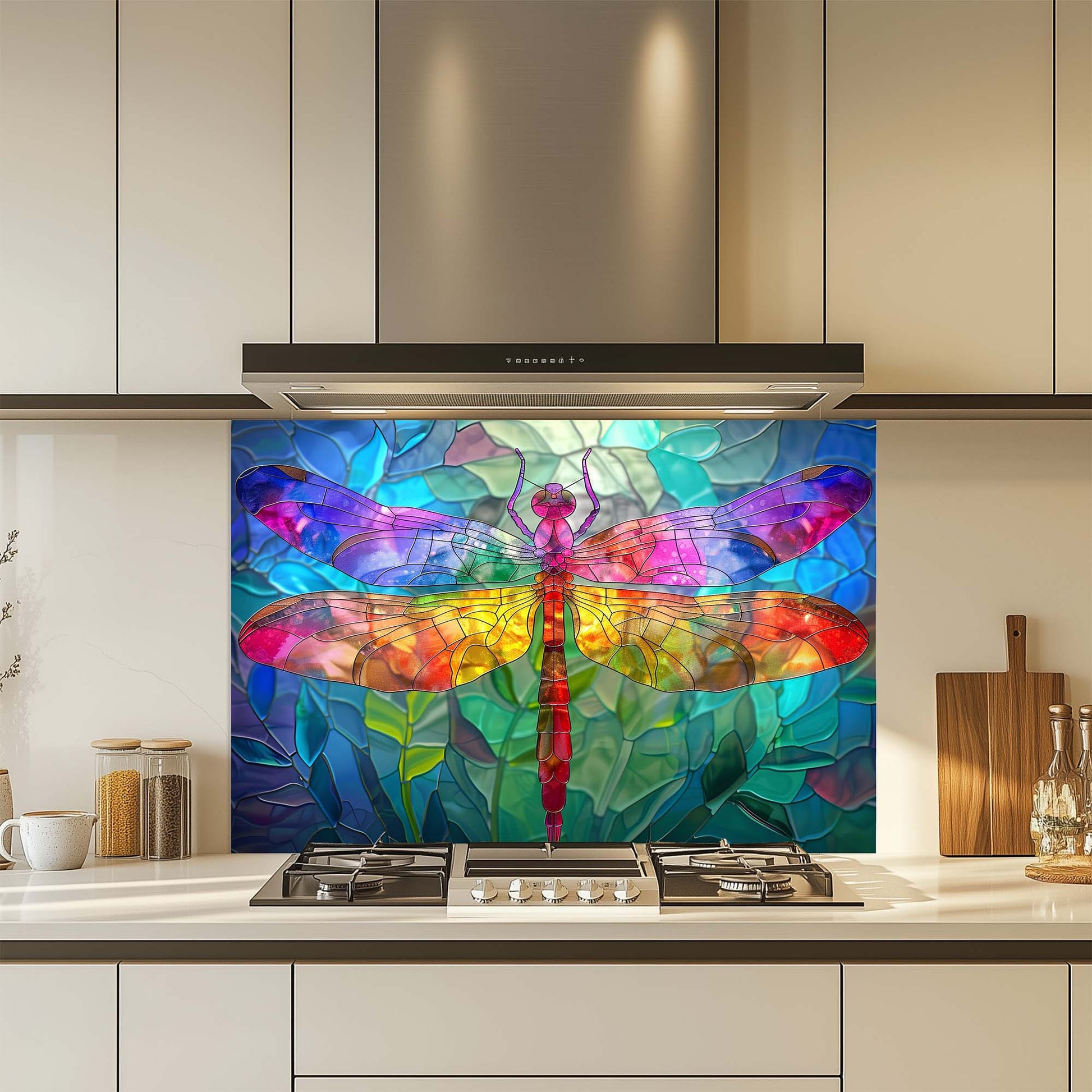 Colorful dragonfly design on a kitchen backsplash