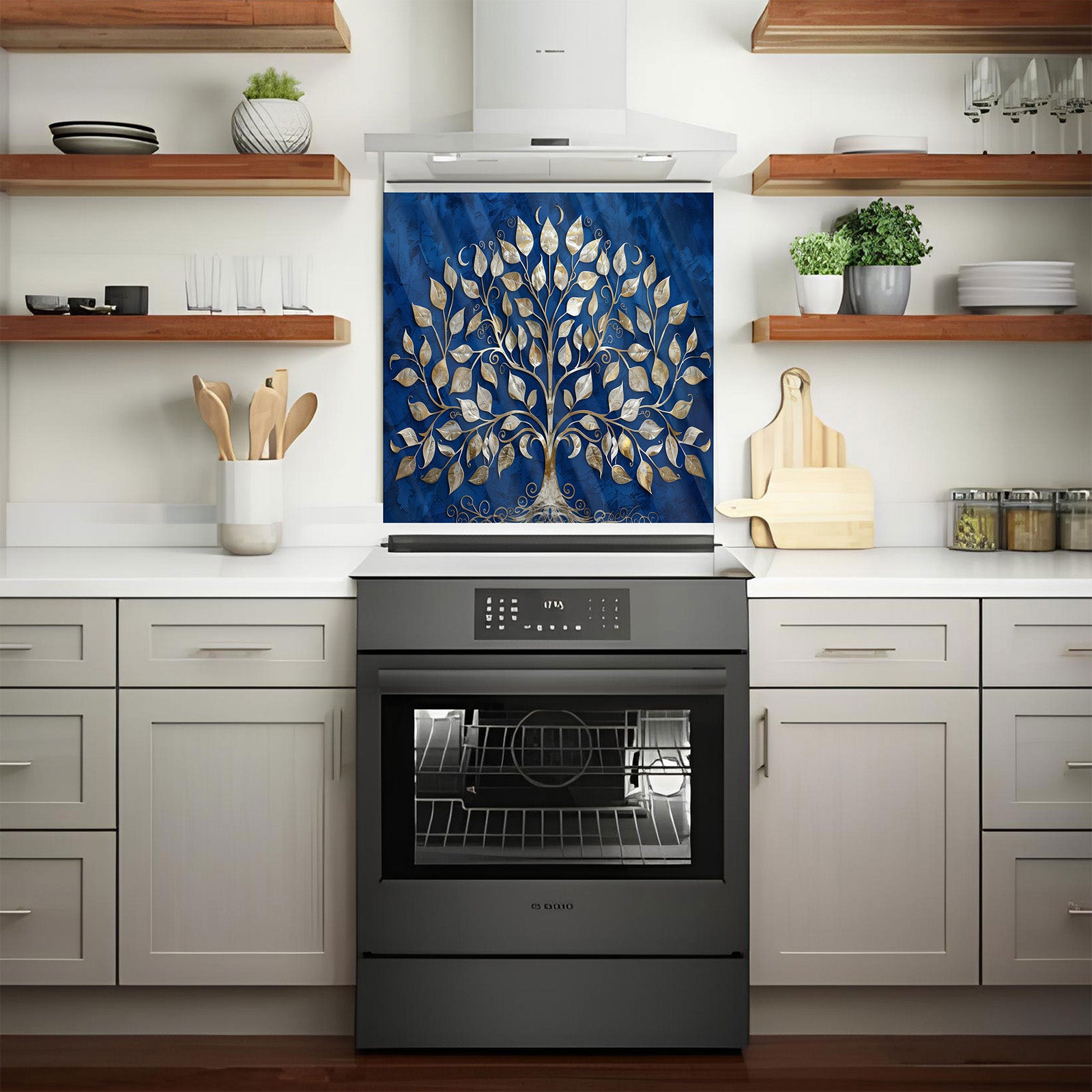 Kitchen with a modern oven and decorative backsplash