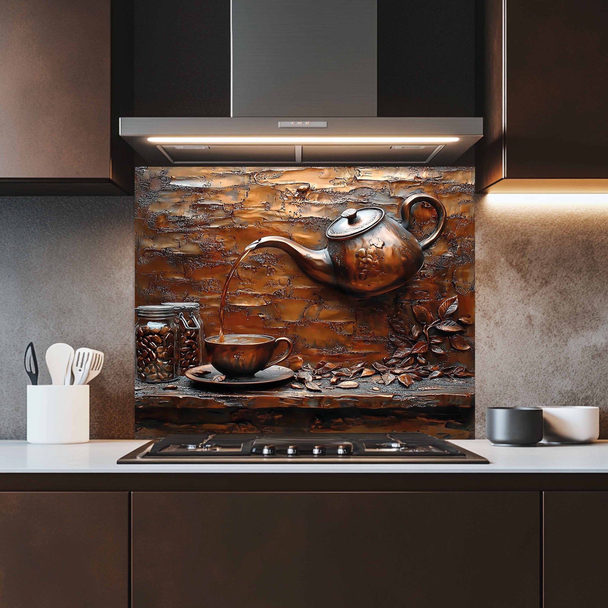 Decorative kitchen backsplash with a teapot and cup design in a modern kitchen.