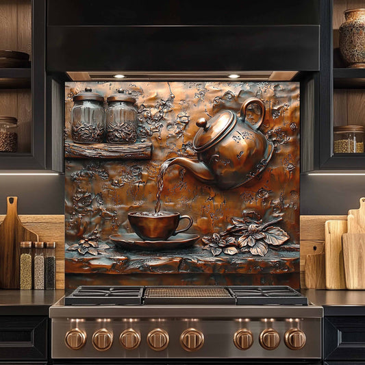 Decorative backsplash with a teapot and cup design above a stove in a kitchen.
