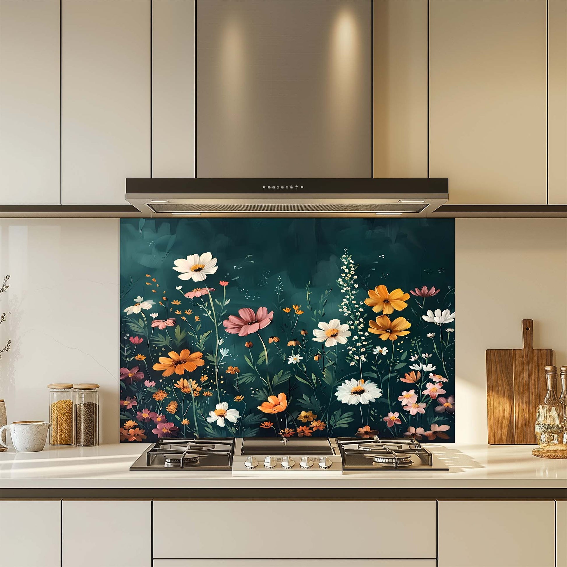 Kitchen with a floral design glass backsplash over a stove