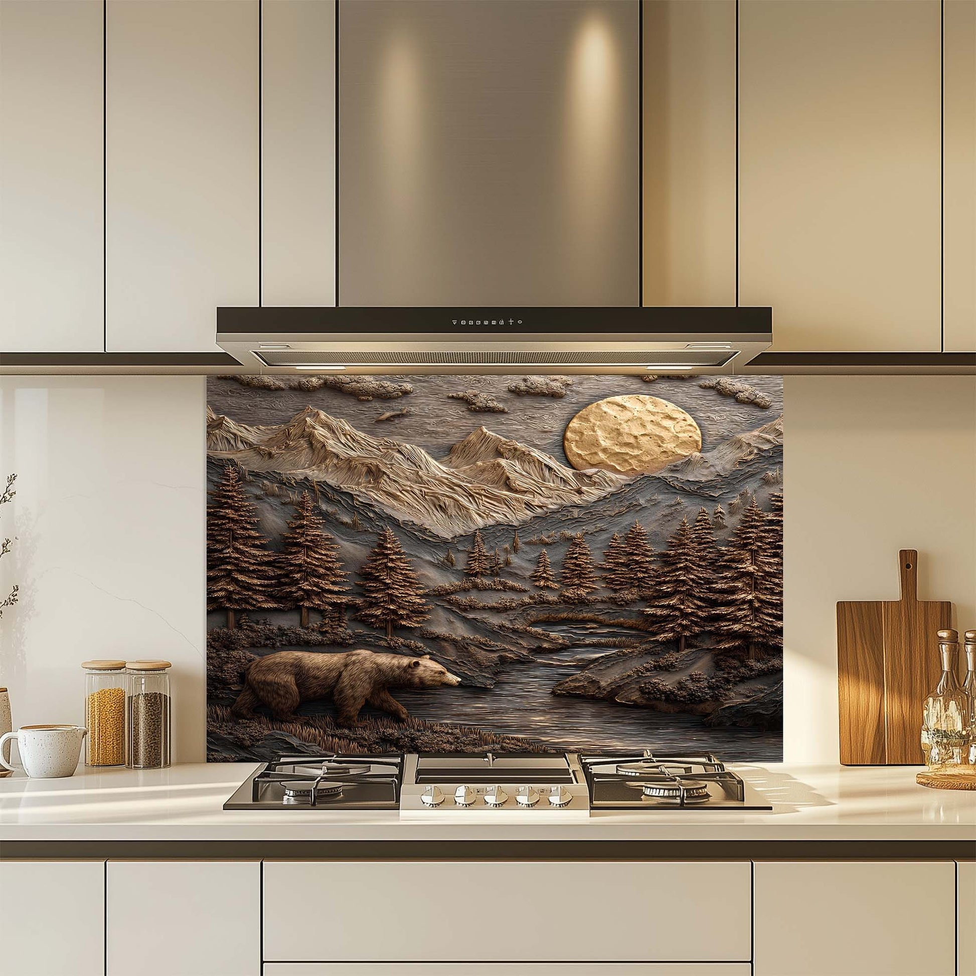 Kitchen with a decorative glass backsplash featuring a mountain landscape and bear.