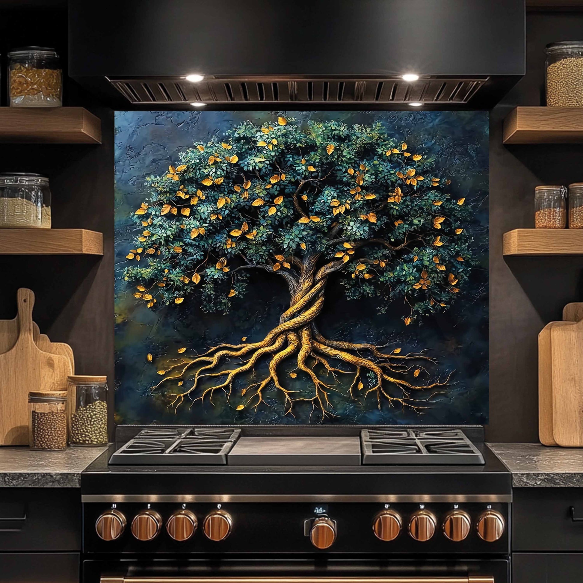 Stainless steel stove with a decorative glass backsplash of a tree with roots above it in a kitchen setting.