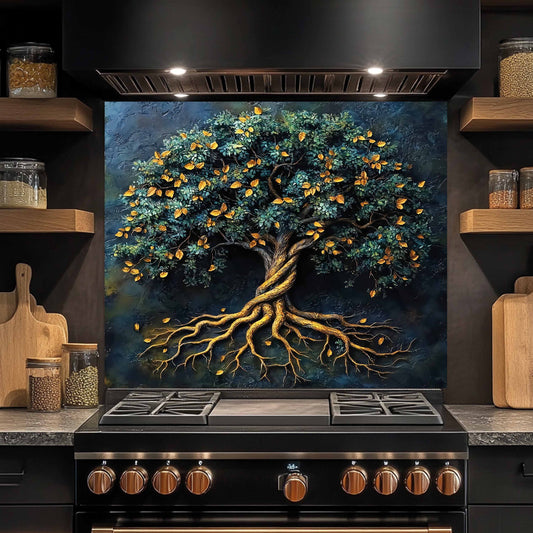 Stainless steel stove with a decorative glass backsplash of a tree with roots above it in a kitchen setting.