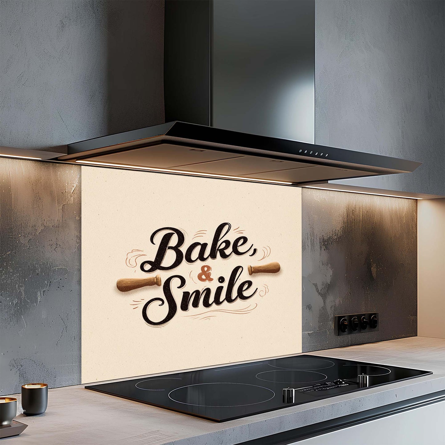 Kitchen with a decorative glass backsplash that says 'Bake & Smile' with a rolling pin design.