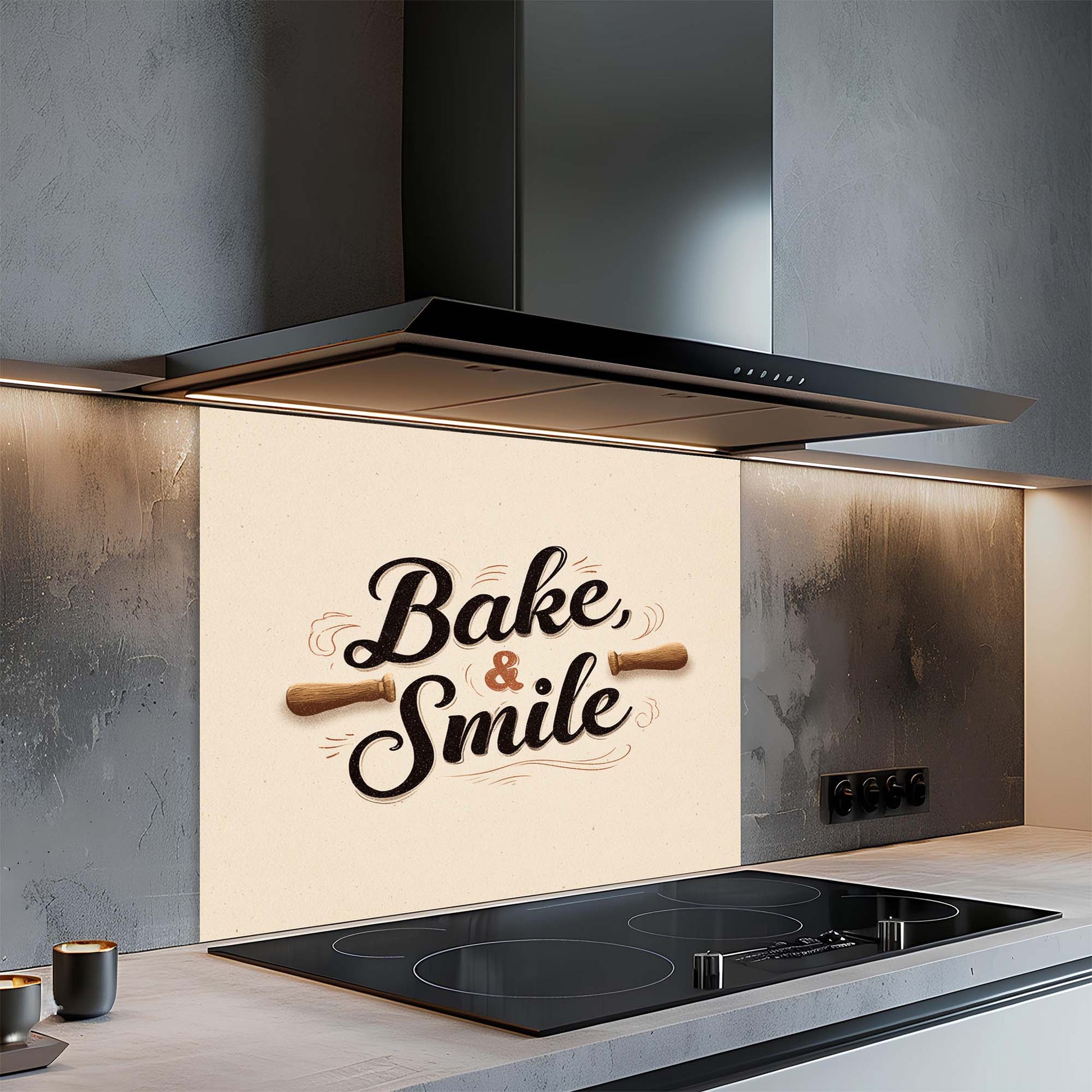 Kitchen with a decorative glass backsplash that says 'Bake & Smile' with a rolling pin design.