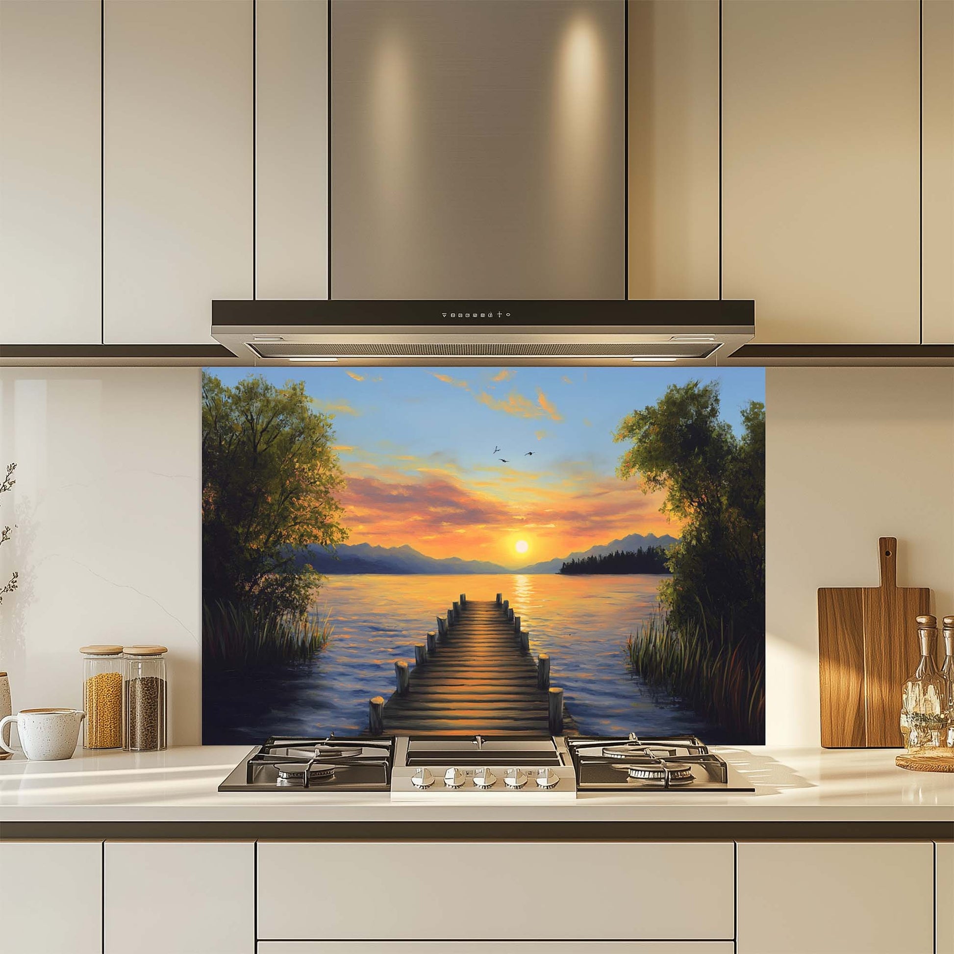 Kitchen with a decorative glass splashback featuring a sunset over a lake scene.