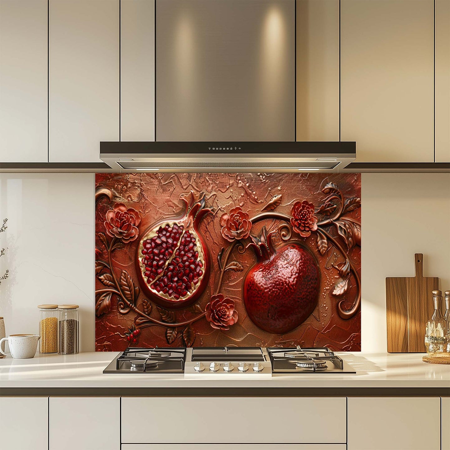 Decorative backsplash with pomegranate design in a kitchen setting
