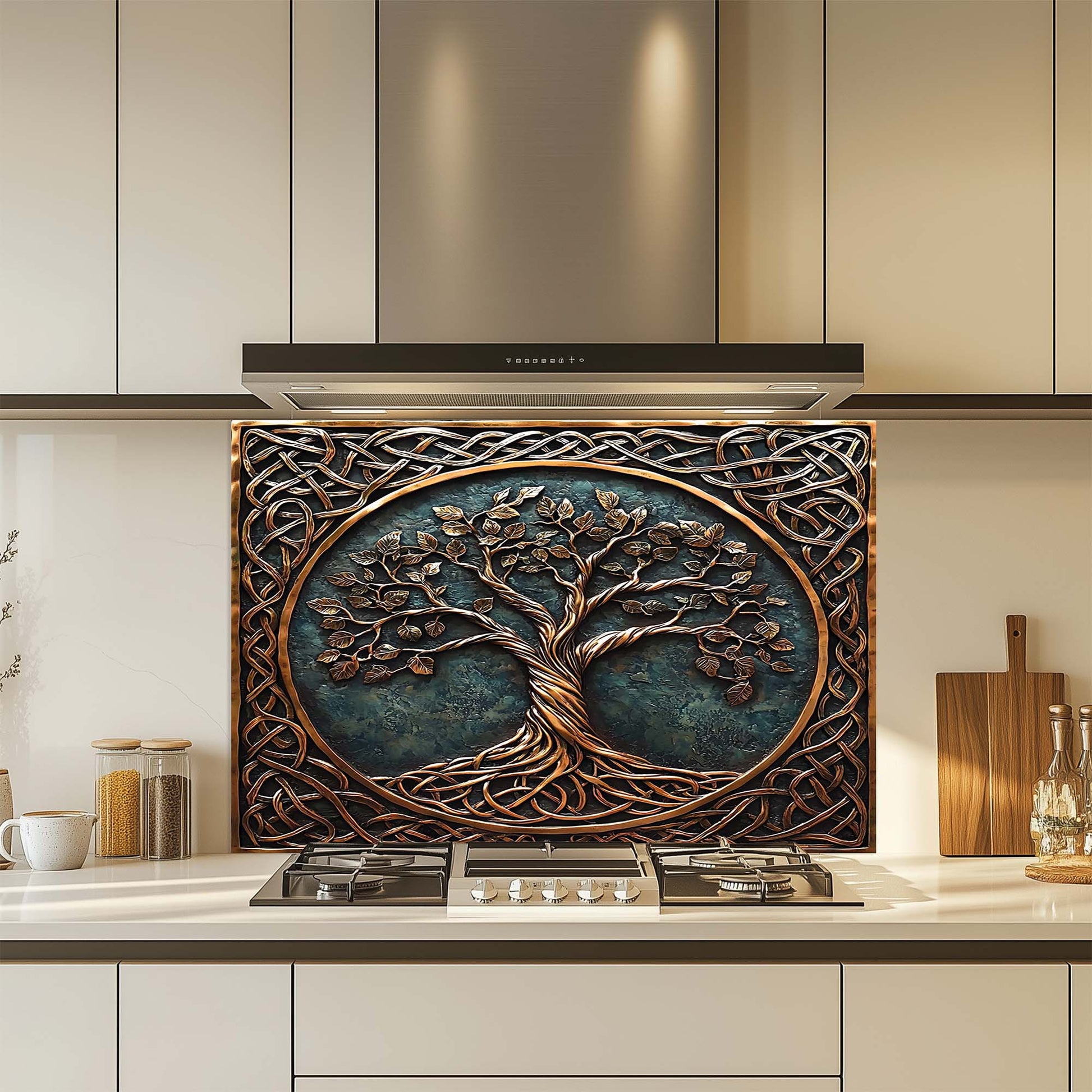 Decorative backsplash with tree design in a modern kitchen